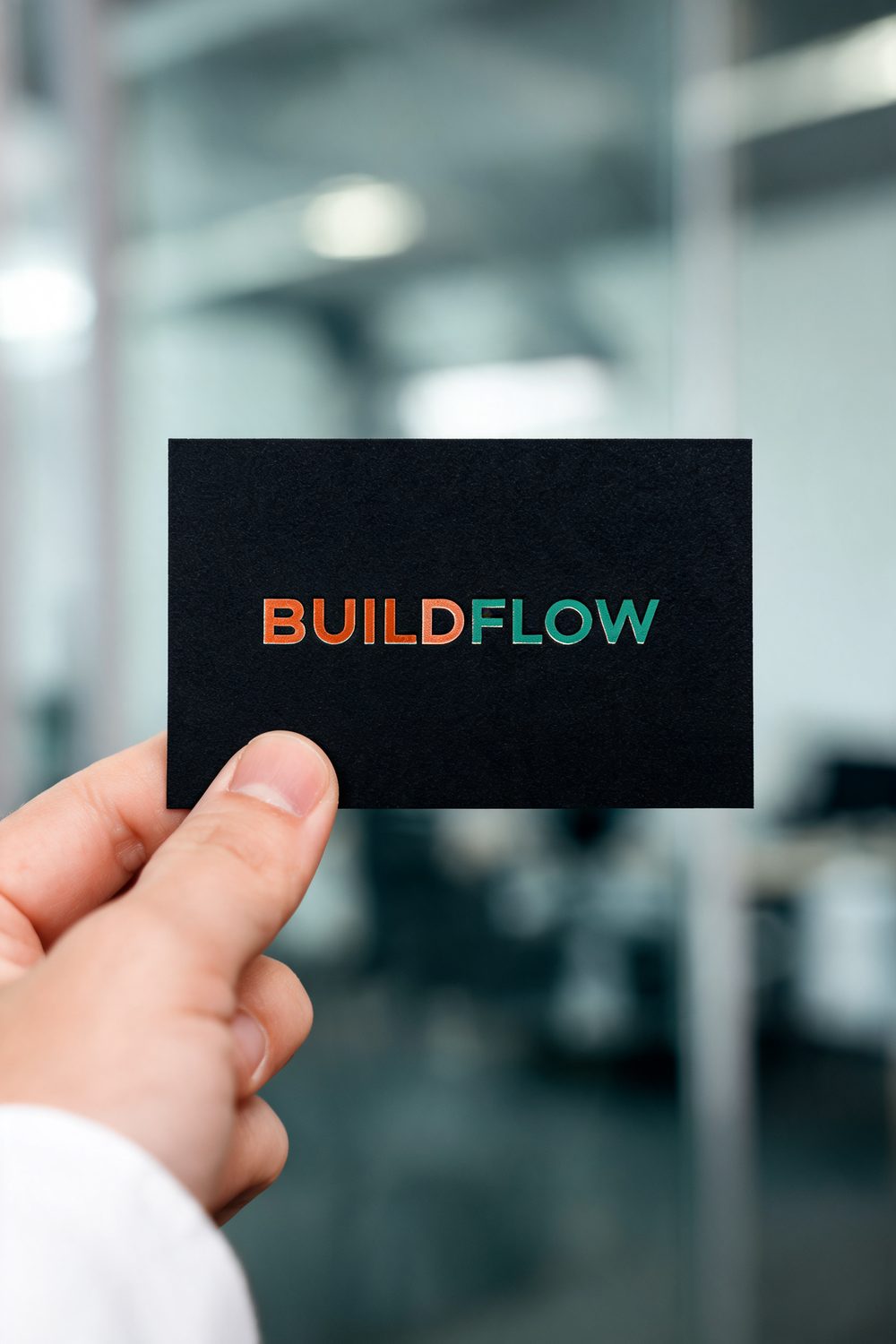 Tarjeta de presentación de BuildFlow sostenida en la mano